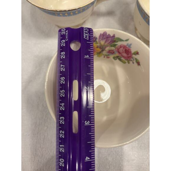 3 Steubenville Teacups Monticello Pattern Colonial Blue Trim W/ Floral Interior - Picture 3 of 6